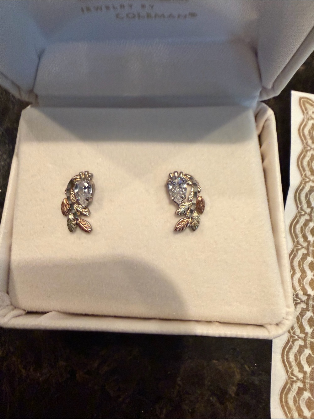 10K Black Hills Gold Earrings w Pear Shape Cubic Zirconium